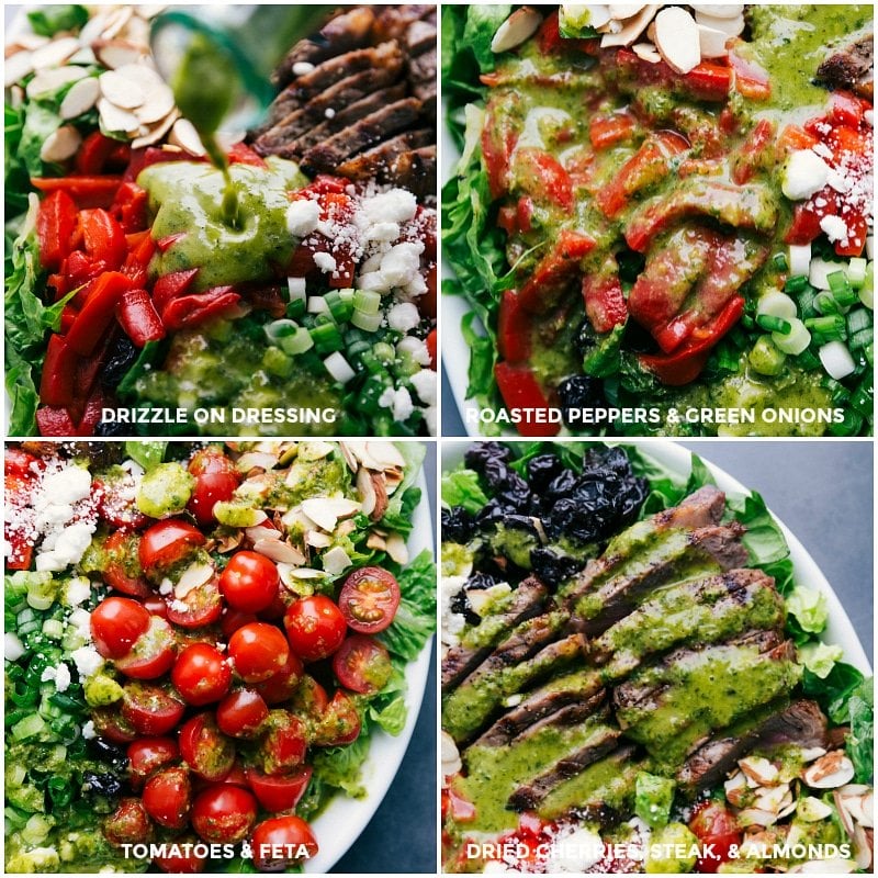 Images of the dressing being drizzled over all the different parts of the salad.