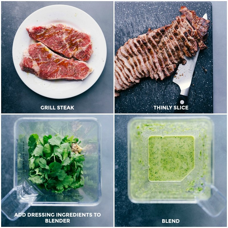 Process shots-- images of the steak being grilled and the dressing being made.