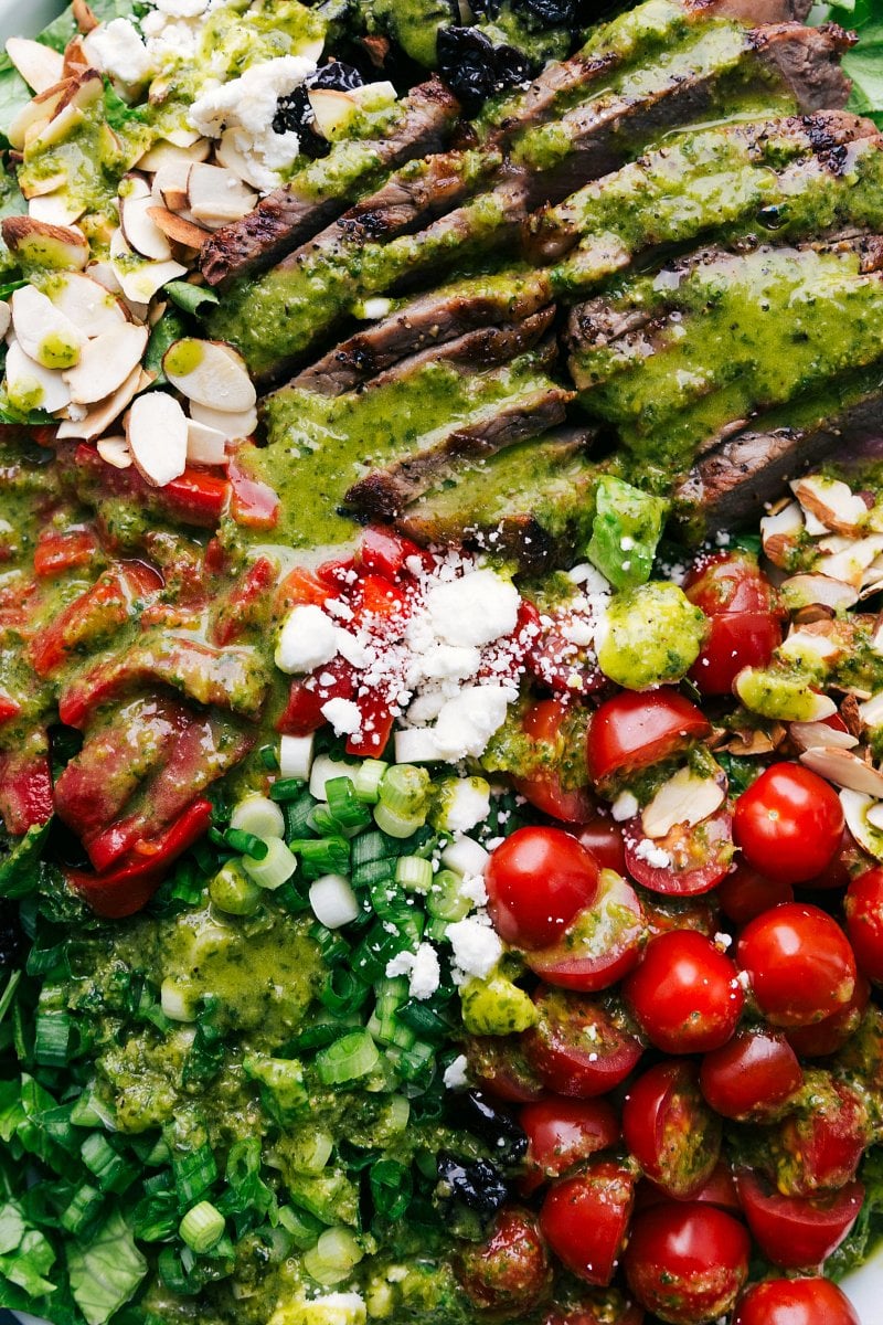 Up-close overhead image of Steak Salad, dressed.