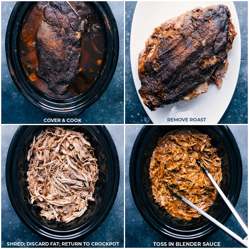 Process shots-- images of the pork being cooked and then shredded and returned to the crockpot and tossed with the blender sauce