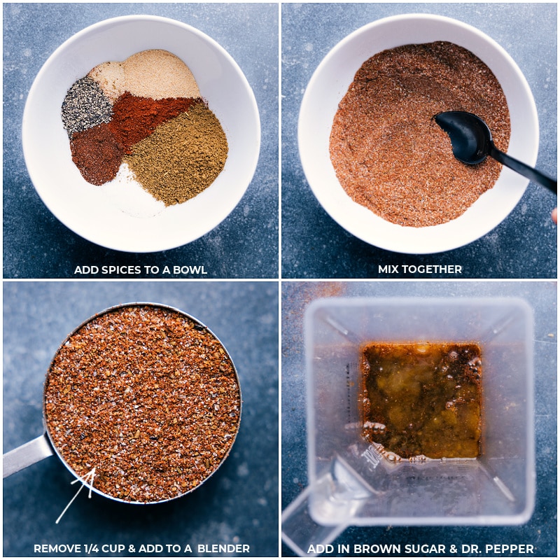 Process shots of the spice blend being made up and added to a blender along with brown sugar and Dr Pepper