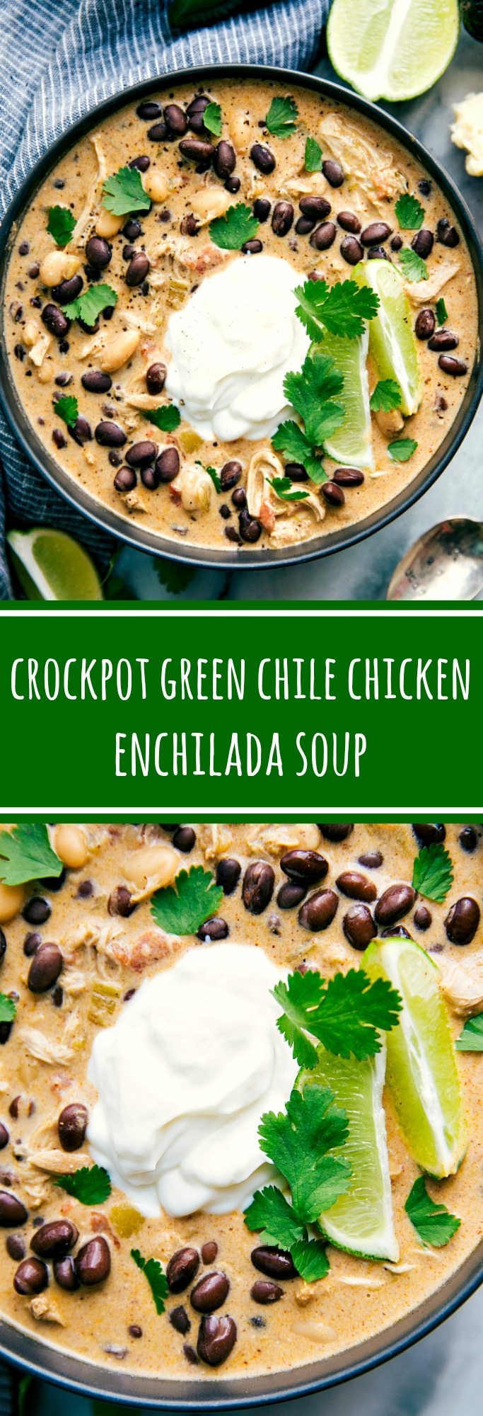 Crockpot Green Chile Chicken Enchilada Soup -- your favorite green chile chicken enchiladas in a creamy, delicious, and easy soup form