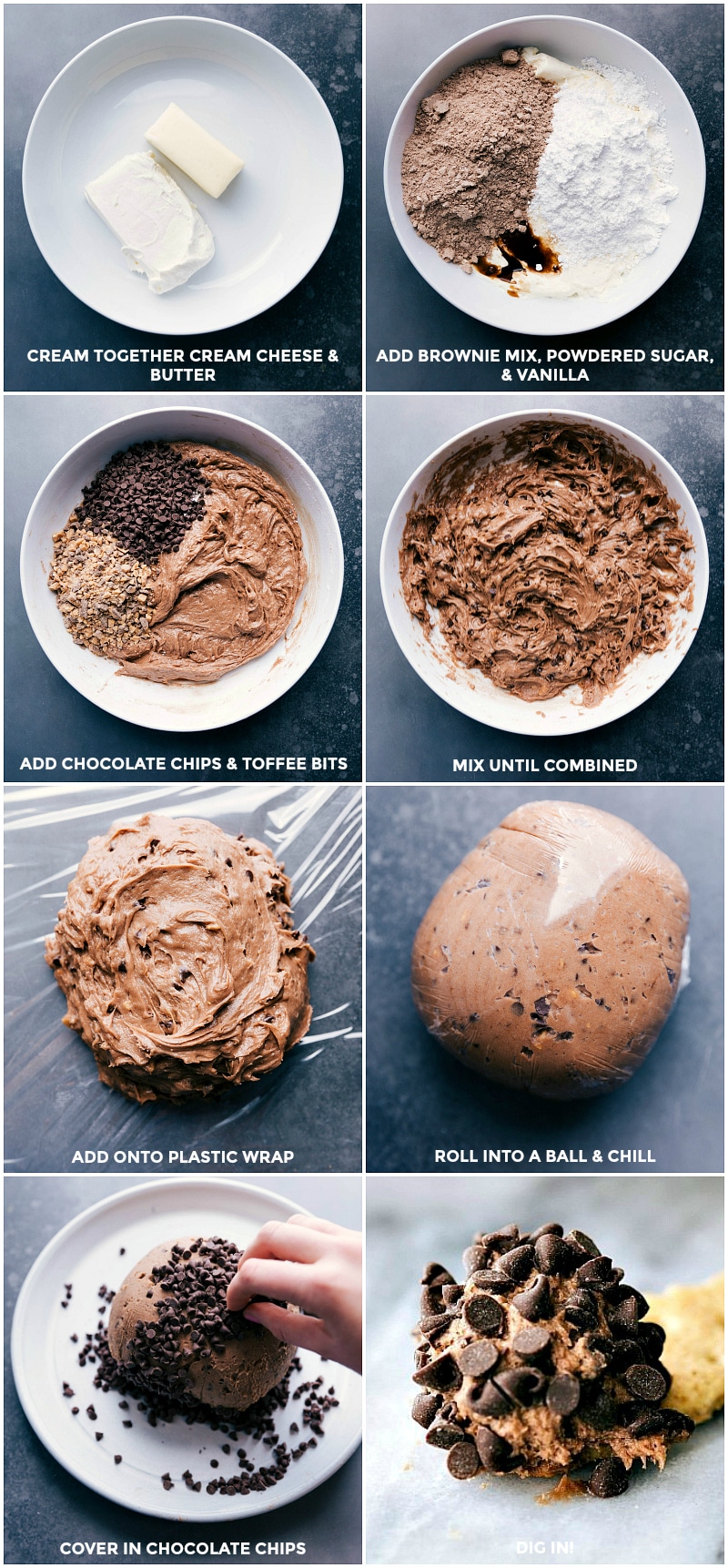 Cream together butter and cream cheese; add brownie mix, sugar, and vanilla and mix well; add chocolate chips and toffee bits; mix until combined; wrap in plastic; chill; cover in mini chocolate chips; ready to eat.