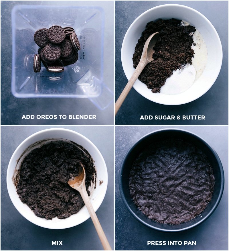 Creating a delicious oreo crust by blending oreos and mixing with additional ingredients.