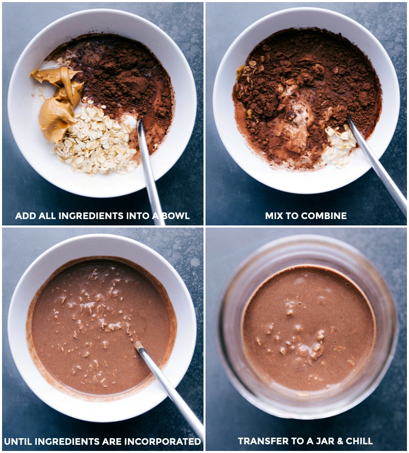 Mixing all the ingredients for chocolate peanut butter overnight oats in a bowl, followed by transferring the mixture to a jar for chilling.