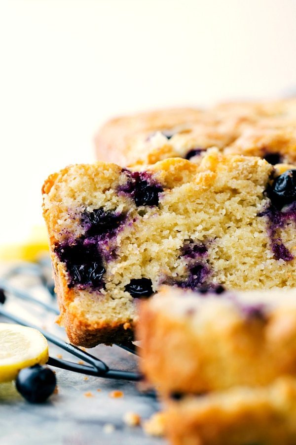 Up-close image of Lemon Blueberry Bread, ready to be eaten.