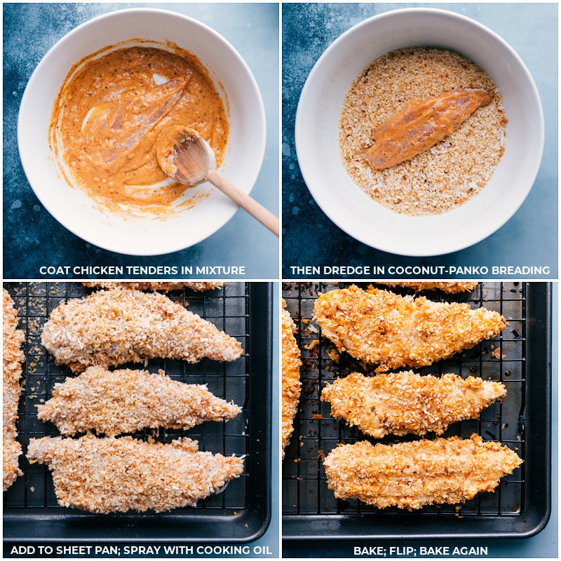 Process shots: coating, dredging, spraying and baking the chicken tenders