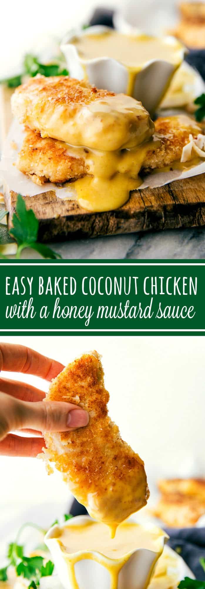 Delicious and simple baked coconut-crusted chicken tenders with an easy five-ingredient honey mustard dipping sauce.