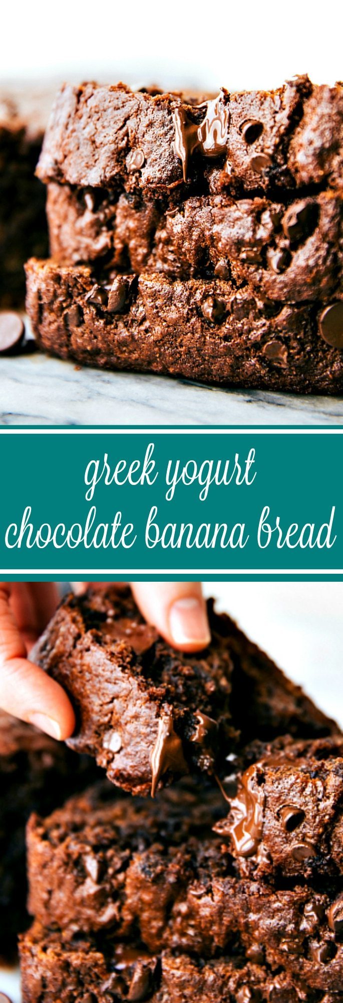 HEALTHY GREEK YOGURT CHOCOLATE BANANA BREAD! A delicious and moist chocolate banana bread made with healthier ingredients! One bowl, no mixers required!