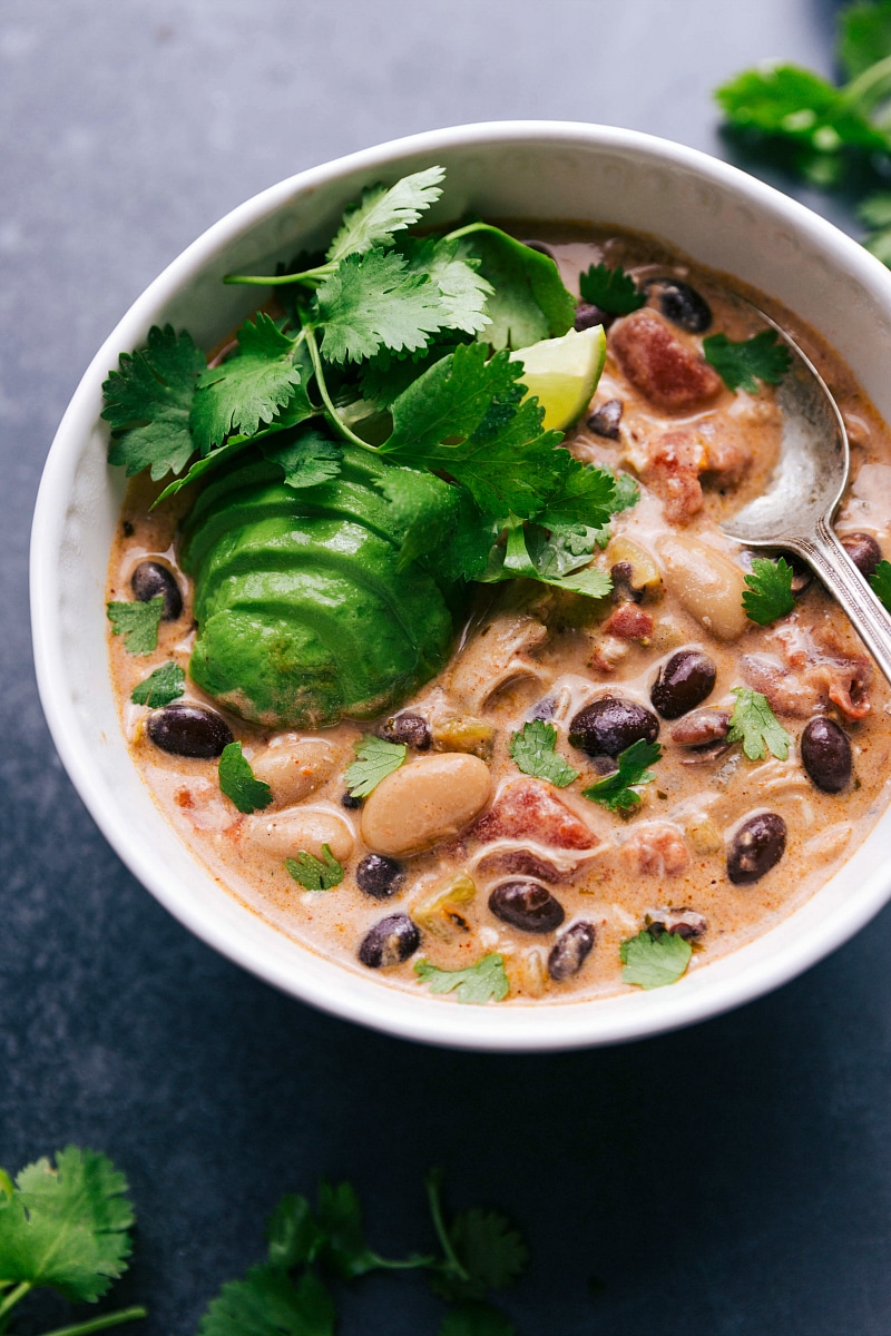 Up-close overhead image of the Green Chile Chicken Enchilada Soup.