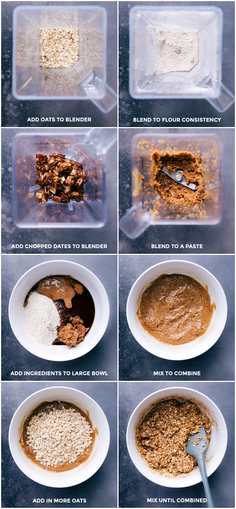Process shots--blending the oats and dates; combine with remaining ingredients