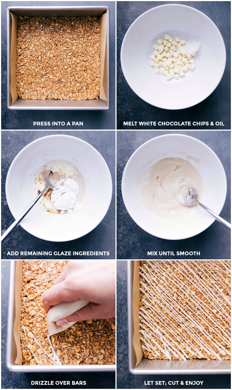 Process shots-- press the batter into the prepared pan; make the glaze; drizzle over the bars