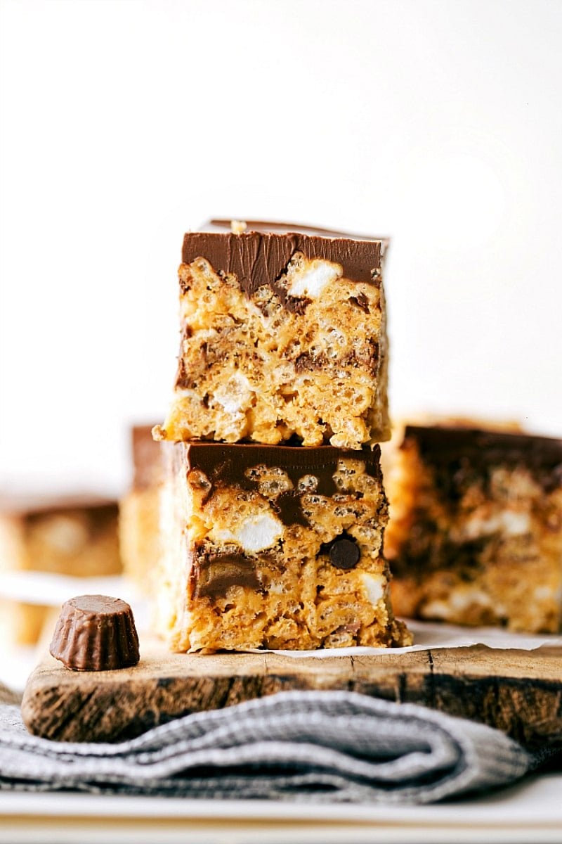 Image of two Peanut Butter Rice Krispie Treats stacked on top of each other.