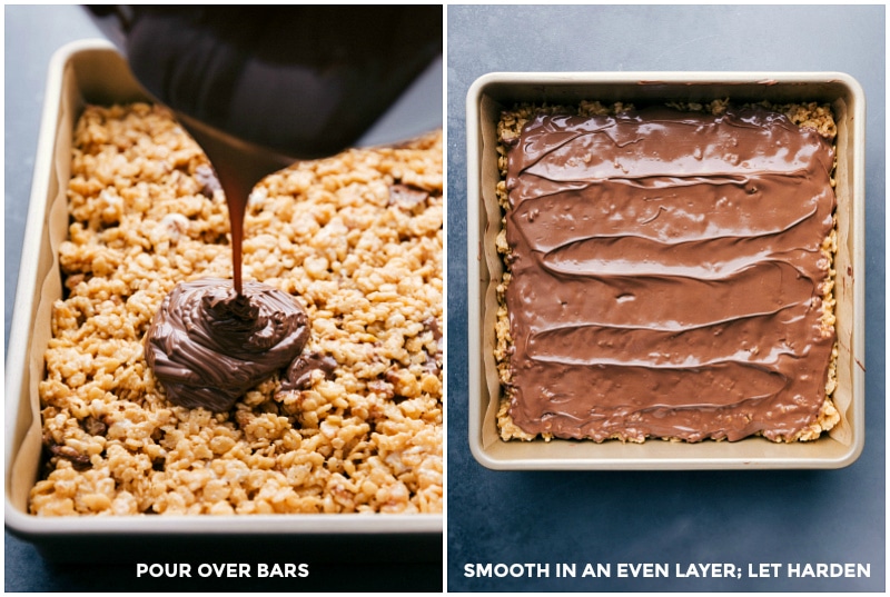 Smooth chocolate being poured and evenly spread on top of the delicious dessert.