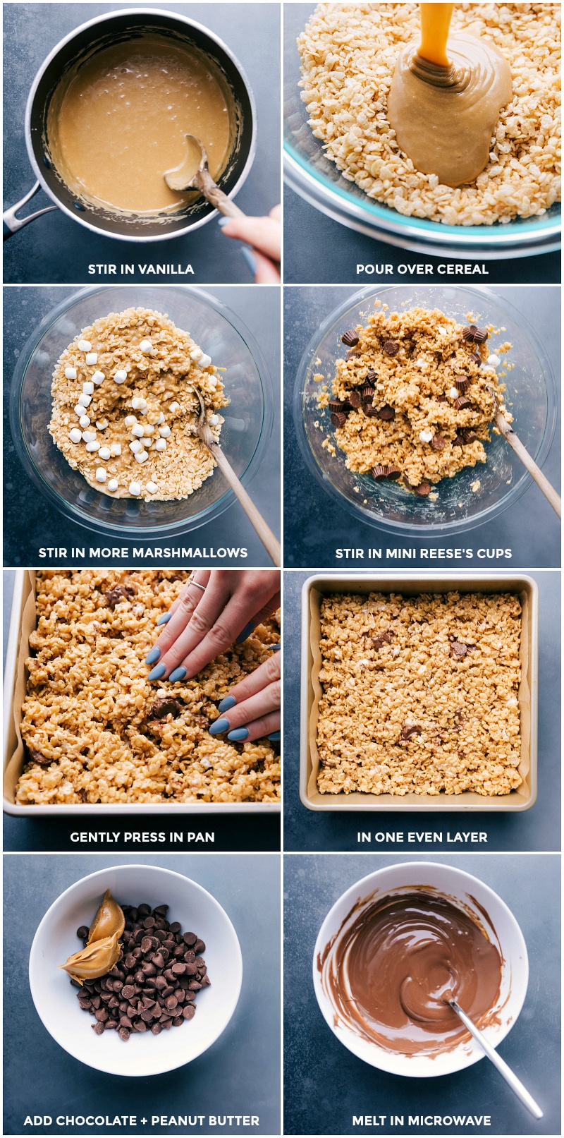 Process shots-- images of the marshmallow sauce being poured over the cereal; marshmallows being added; Reese's cups being added; and it all being pressed into a prepared pan; chocolate and peanut butter combined and melted for the topping.