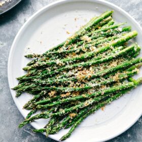 Plate of perfectly roasted asparagus, a delicious and healthy side dish.