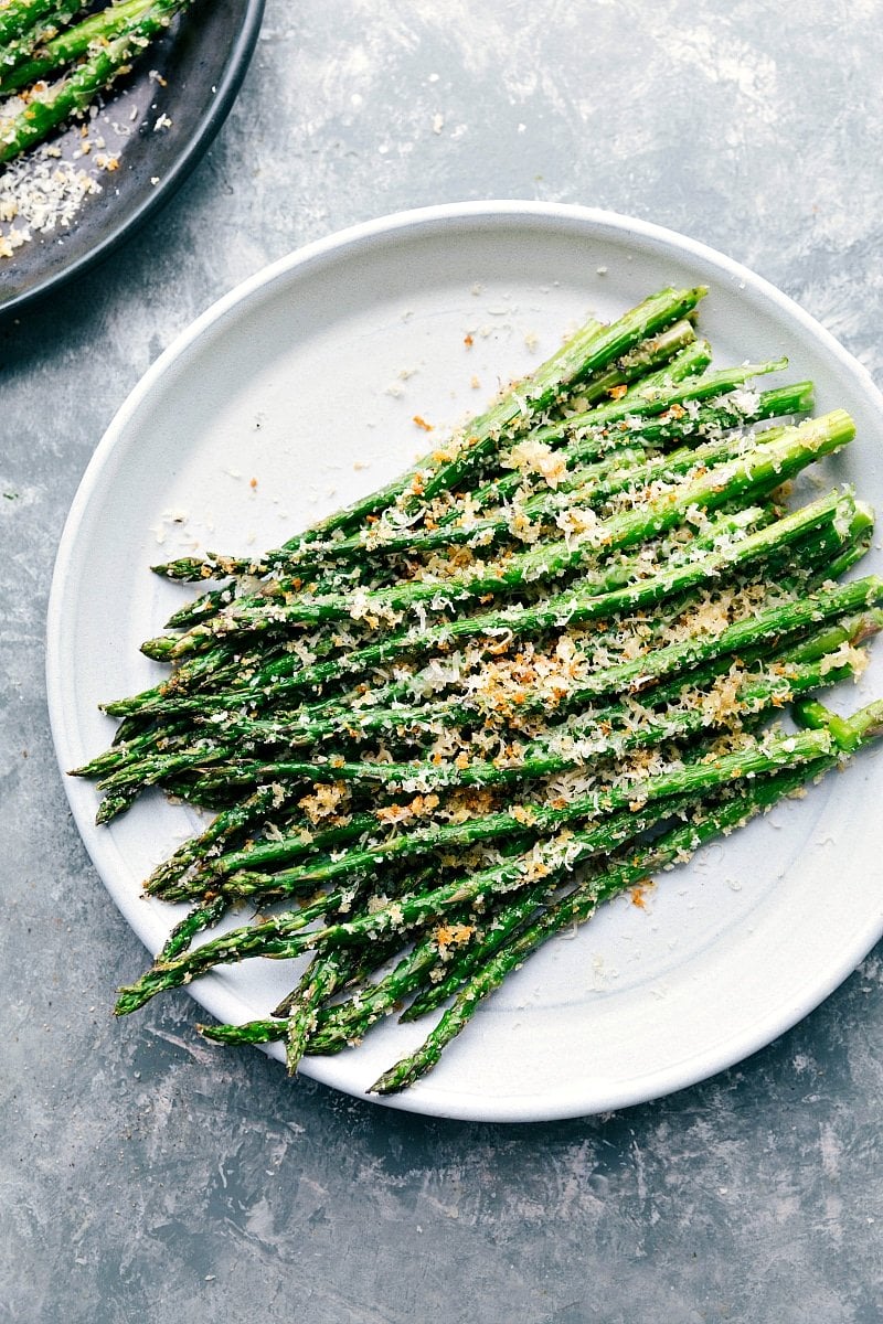 Plate of perfectly roasted asparagus, a delicious and healthy side dish.