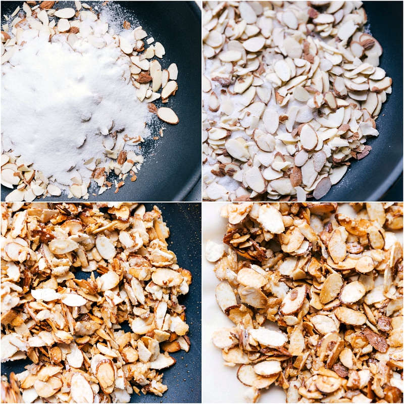 Process shots: making candied almonds. Combining sugar and slivered almonds; heating until the sugar melts; stirring while cooking, until the mixture starts to clump; the finished candied almonds.