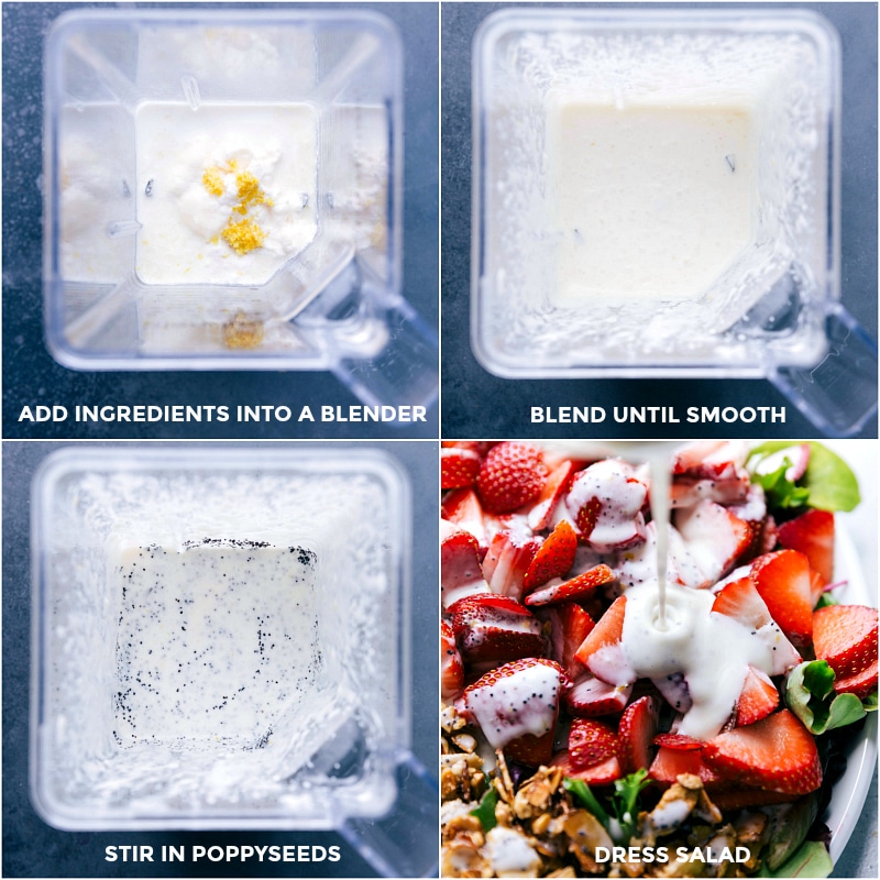 Ingredients for dressing in a blender jar, blended to a smooth consistency, and then being poured over the Strawberry Poppyseed Salad.