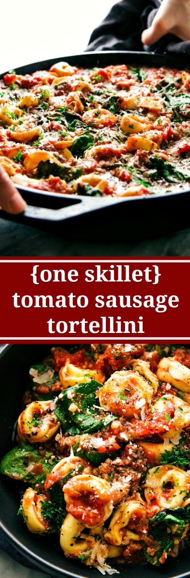 A super easy, 15-minute prep, ONE SKILLET tomato tortellini with sausage. This is an easy family-friendly meal!