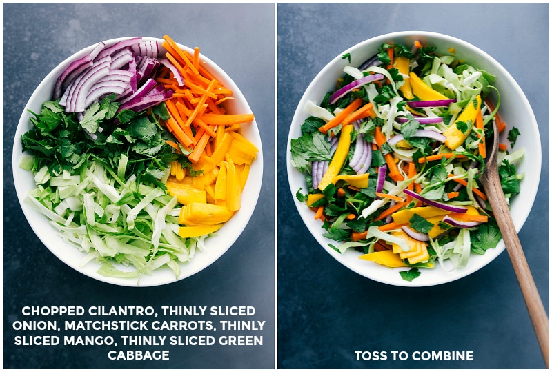 Making the coleslaw by adding cilantro, onion, carrots, mango, and green cabbage, and tossing to combine.