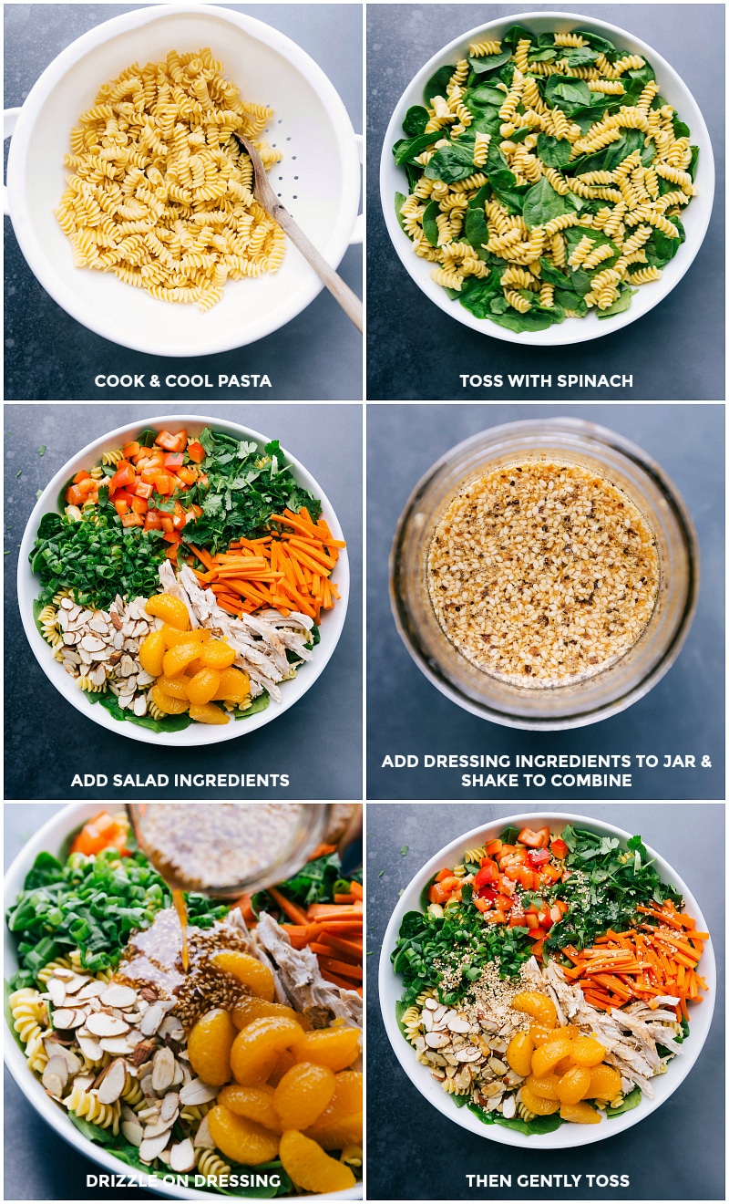 Process shots--images of the pasta being cooked and cooled; all the salad ingredients being added on top of a bed of spinach, and the dressing being made; dressing being poured over the salad.