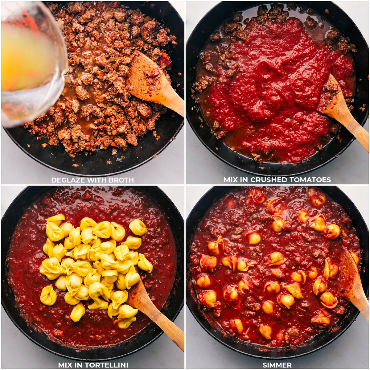 Chicken stock, crushed tomatoes, and the pasta being added to the pan and it all simmering together.