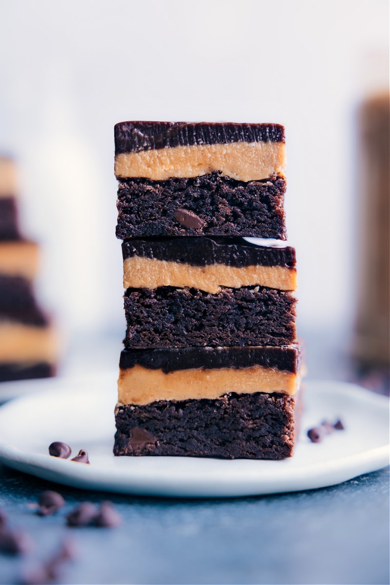 Image of the buckeye brownies stacked on top of eachother