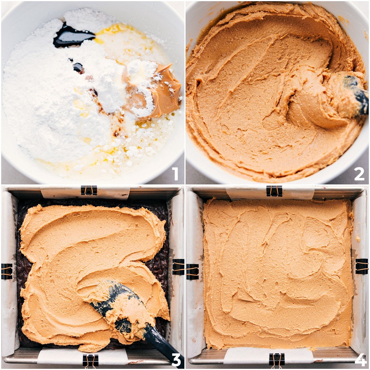 Sugar, butter, and peanut butter mix together before being added to the brownies for the peanut butter layer in Buckeye Brownies.