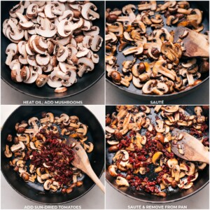 Mushrooms and sun-dried tomatoes being sautéed in a pan over heat, turning golden brown.