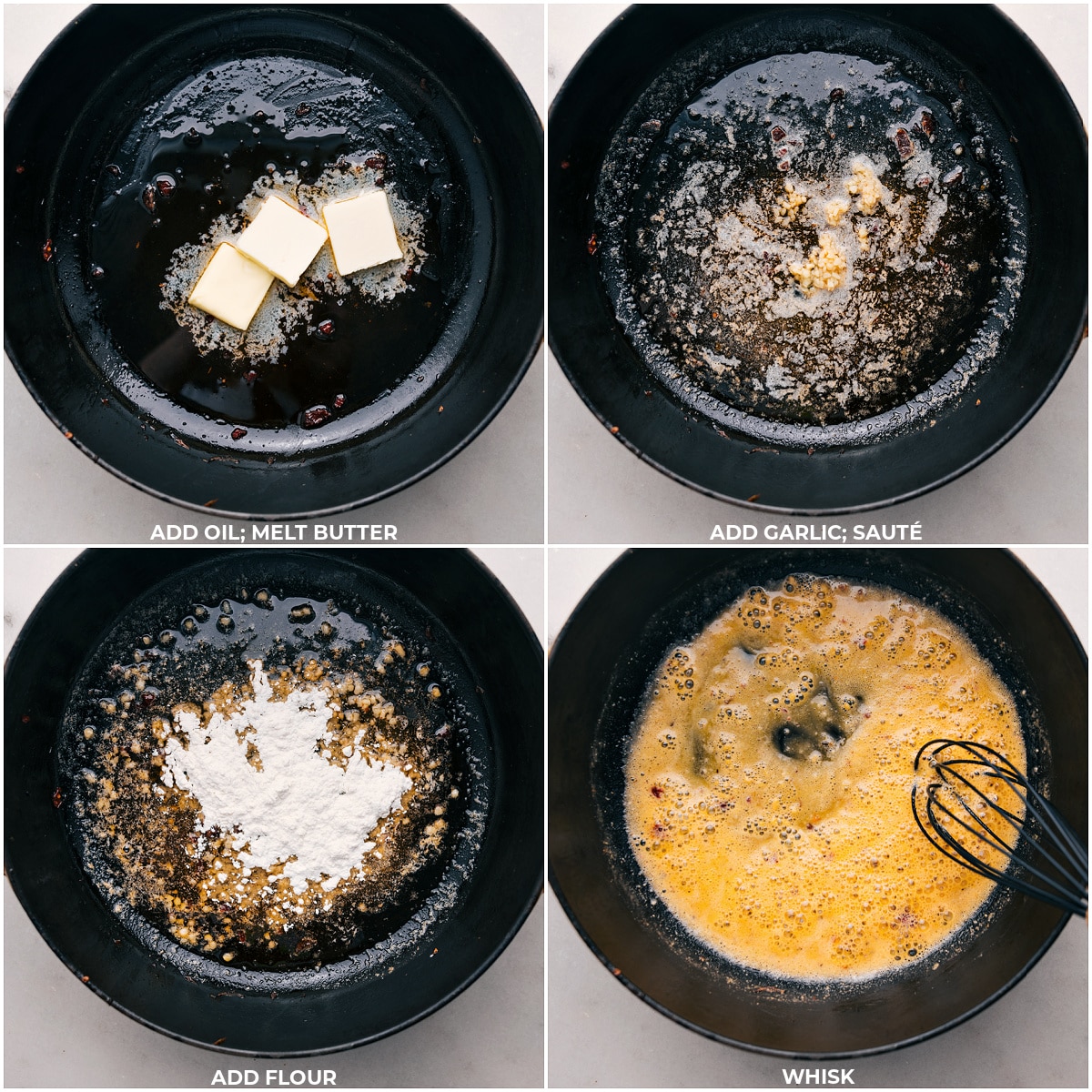 Butter melting in a hot pan, with garlic and flour added, being sautéed until fragrant and golden.