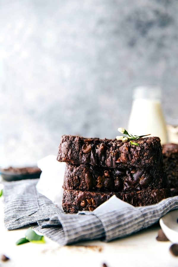 Chocolate Zucchini Bread slices stacked on top each other 