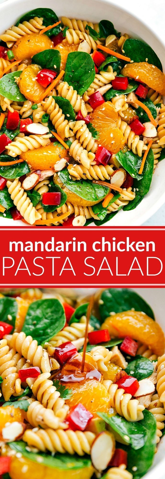 The ultimate BEST EVER Asian Pasta Salad! Mandarin, chicken, almond pasta salad with the BEST sesame dressing! via chelseasmessyapron.com