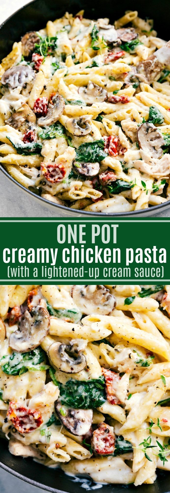 ONE POT Creamy Chicken Penne Pasta with Sun-dried tomatoes and mushrooms. The cream sauce is secretly LIGHTENED-UP. So delicious and easy! I chelseasmessyapron.com #recipe #penne #pasta #easy #quick #one #pot #kidfriendly #delicious #dinner