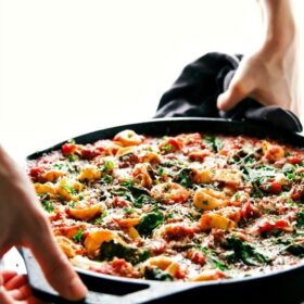 A super easy, 15-minute prep, ONE SKILLET tomato tortellini with sausage. This is an easy family-friendly meal!