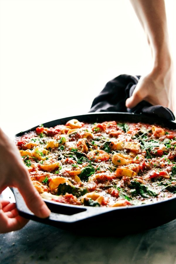 A super easy, 15-minute prep, ONE SKILLET tomato tortellini with sausage. This is an easy family-friendly meal!