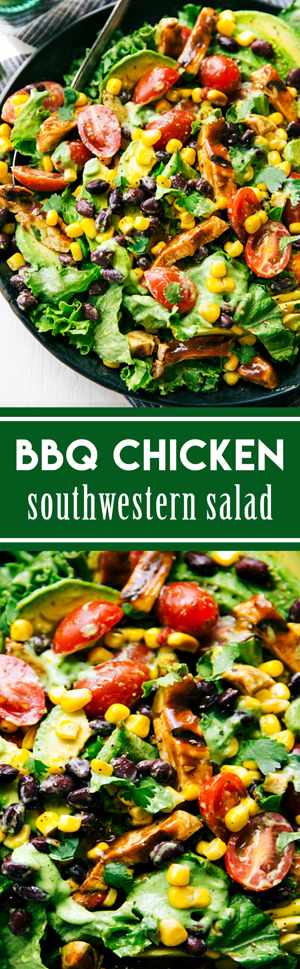 A simple-to-make grilled BBQ chicken salad with a healthy avocado-cilantro dressing and lots of fresh veggies! via chelseasmessyapron.com