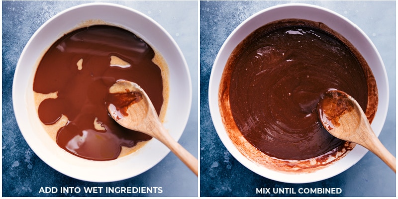 Adding the melted chocolate to the mixture