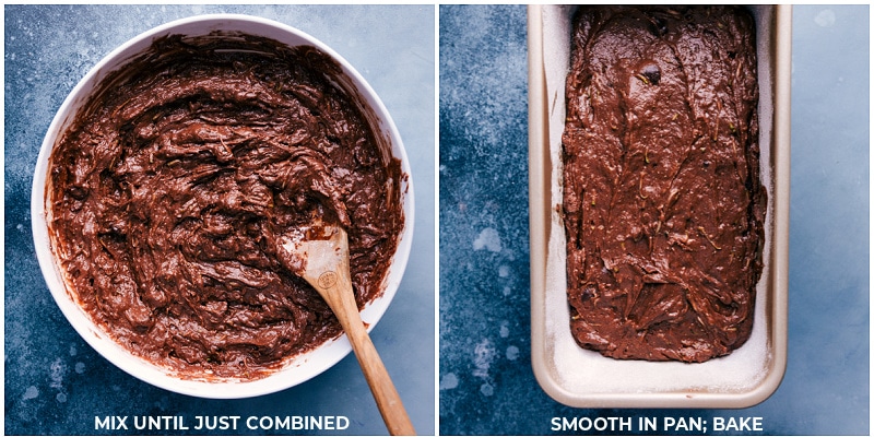 Process shots-- mixing the batter; in the pan, ready to bake