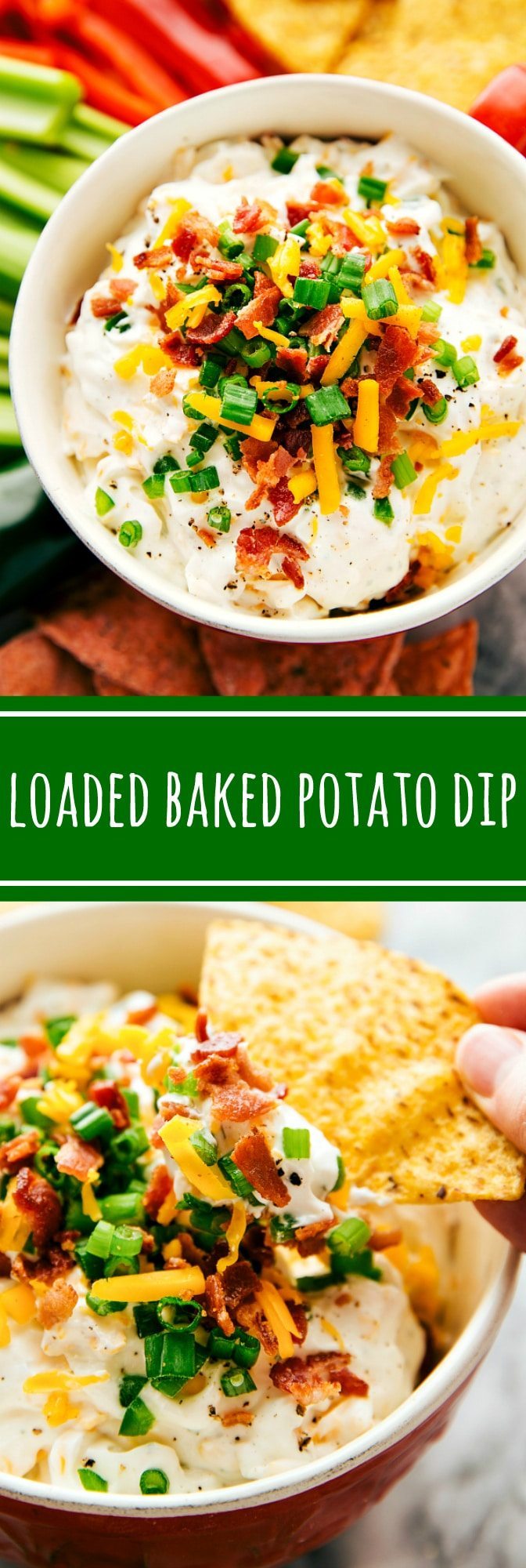 Delicious and simple appetizer -- a loaded baked potato dip. All of your favorite baked potato toppings in appetizer form