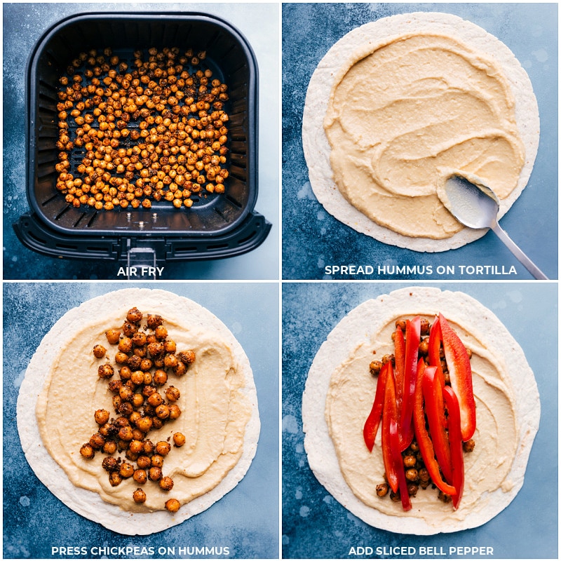 Process shots-- images of the chickpeas being air fried and the hummus being added to the tortillas and the chickpeas and bell peppers being added on top