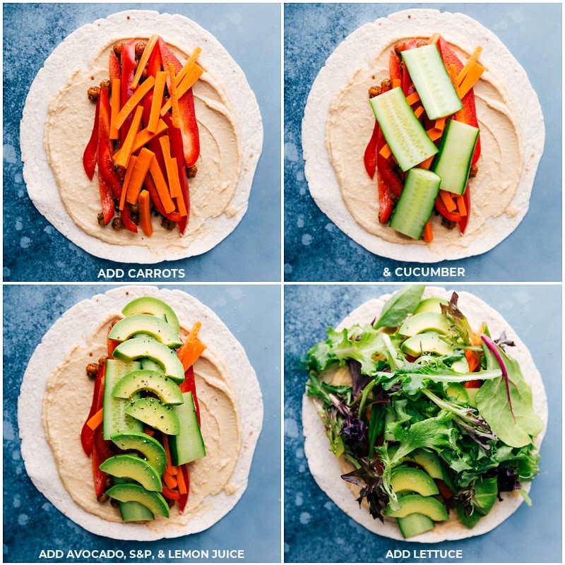 Process shots-- images of the carrots, cucumbers, avocados, and lettuce being layered into the tortillas for these hummus wraps