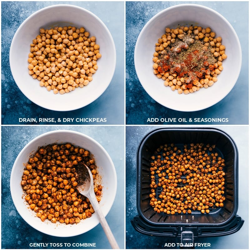 Process shots-- images of the chickpeas being tossed with seasonings and added to the air fryer