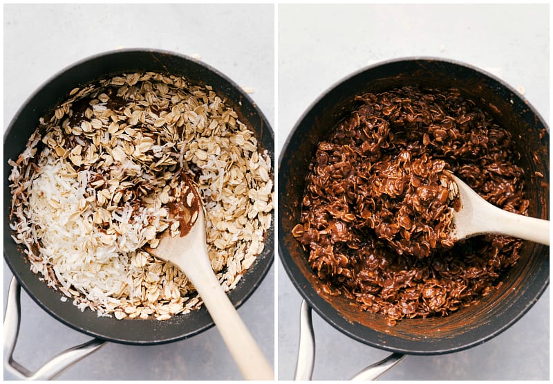 Adding in the oats to the pot.
