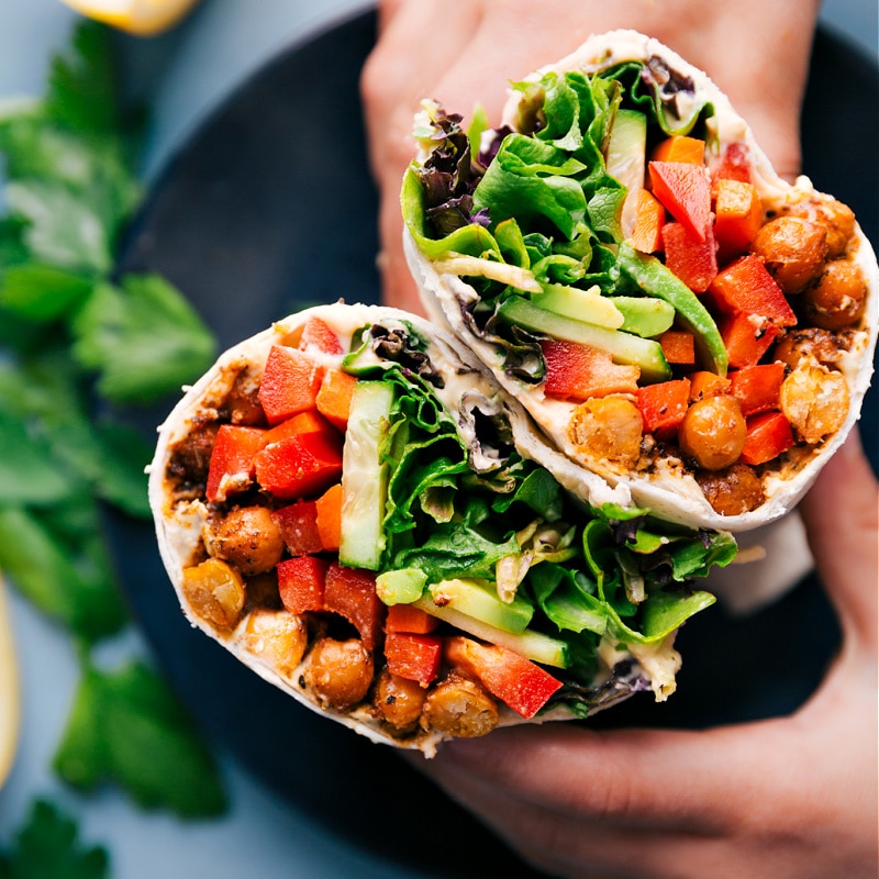 Up close overhead image of the hummus wraps