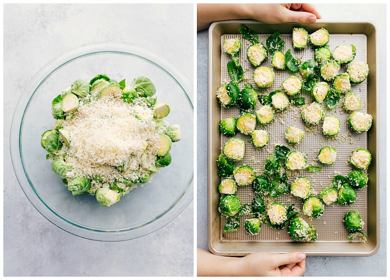 Sequential images detailing the steps to prepare oven-roasted Brussels sprouts.