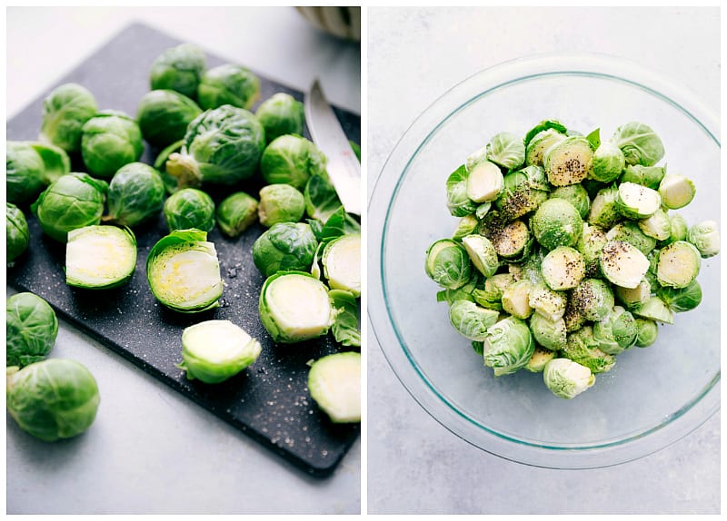 Step-by-step process photos of preparing oven-roasted Brussels sprouts.