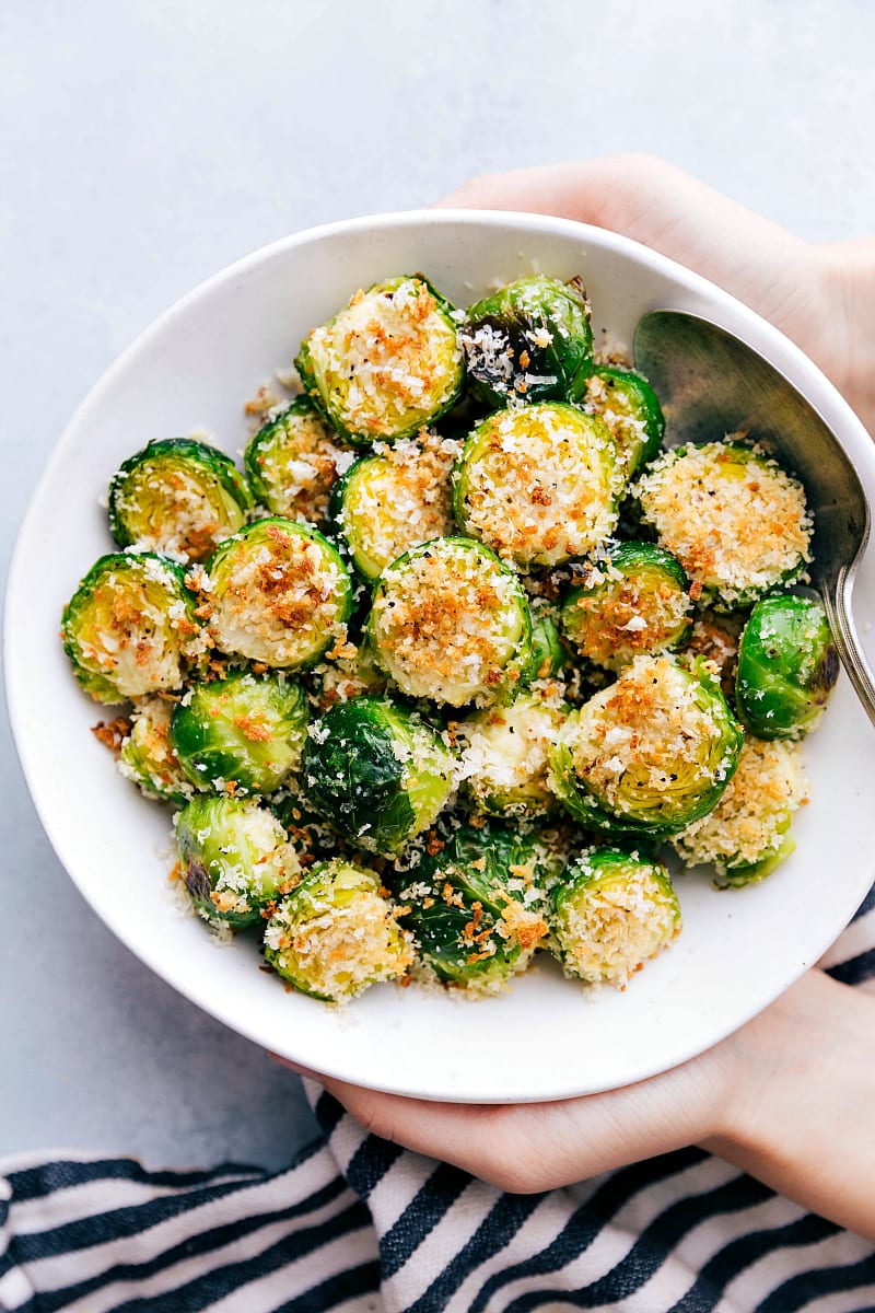 Up-close overhead photo of a bowl of Roasted Brussels Sprouts.