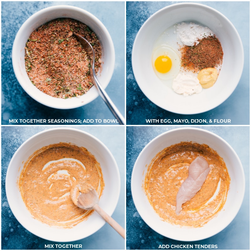 Process shots--Make the batter by mixing the seasonings together; adding seasonings to egg, mayo, Dijon and flour; mixing and adding the chicken tenders. and the batter that the chicken tenders get dredged in being mixed together