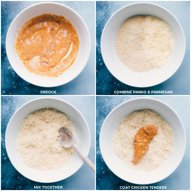 Process shots-- Dredge chicken in wet batter; mix panko and parmesan; coat chicken with the crumbs
